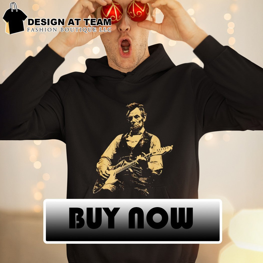 Abraham Lincoln playing electric guitar on a black cotton crew neck unisex shirt