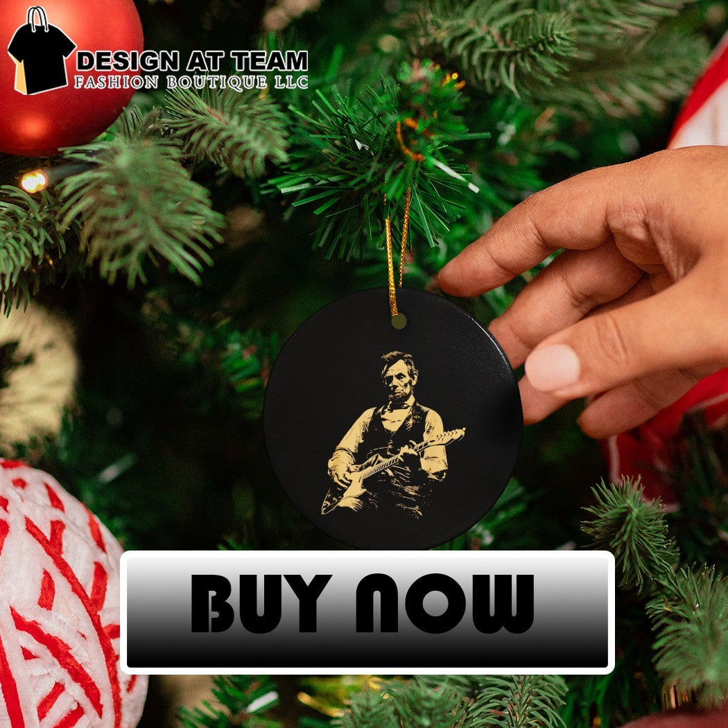 Abraham Lincoln playing electric guitar on a black cotton crew neck unisex shirt