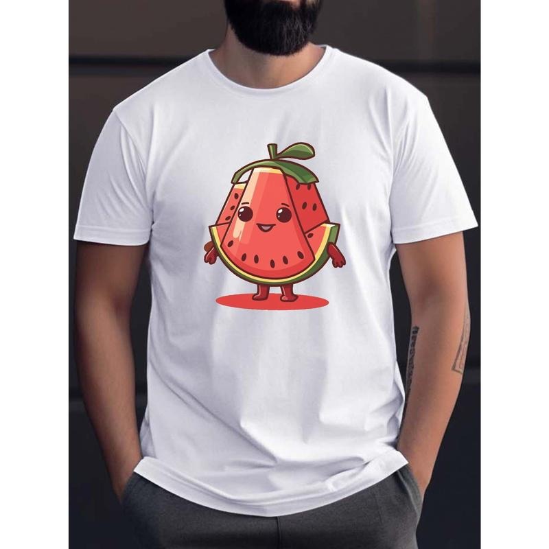 Adorable 2D Watermelon Character Print Tee Shirt, Tees For Men, Casual Short Sleeve T-shirt For Summer made in usa Hoodie...