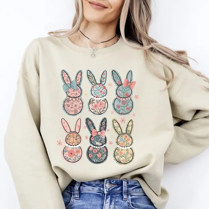 Adorable Floral Bunnies, Easter, Bunny, Jesus, Rabbit, Holiday Sweatshirt, Crew Neck, Women's, Crewneck Shirt Hoodie