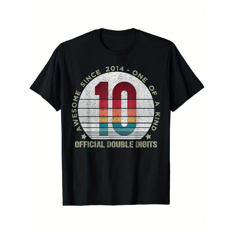 Adult Crew Neck Cotton T-Shirt with Geometric Digital Print - All-Season Knit Fabric, Regular Fit, Short Sleeve, Medium...