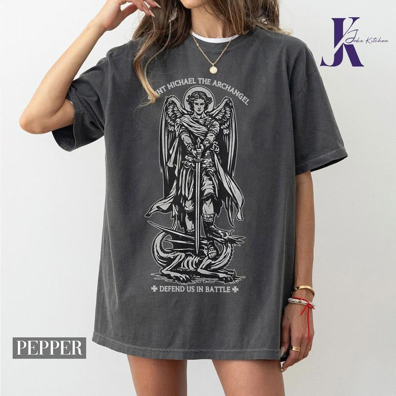 Adult Saint Michael the Archangel Shirt, Jesus Comfort Color Shirt, Angel Gif Hoodie Sweatshirt | PrintMintTees.com