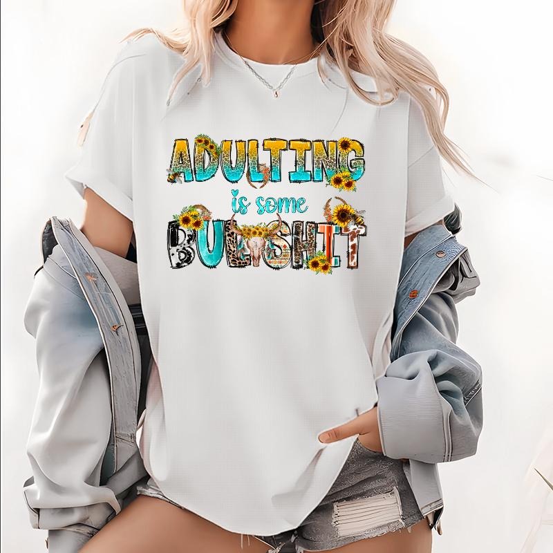 Adulting Bull Skull Western Custom Graphic Tee Short Sleeve T-Shirt Hoodie Sweatshirt | PrintMintTees.com