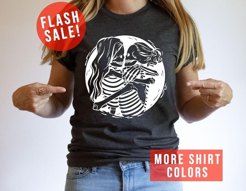 Aesthetic Skeleton Lesbian Couple T-Shirt, Queer Love Apparel, Lesbian Bridal Party Outfit, Cute Gay Valentine Gift,...