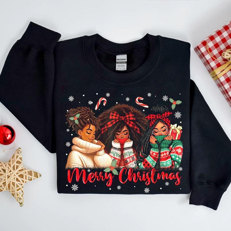 African American Christmas Black Woman Crewneck Sweatshirt, Black Santa Merry Christmas Sweater, Afro Woman Melanin Xmas...