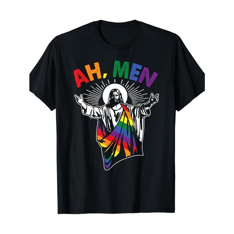 Ah Men Fun LGBT Gay Pride Jesus Rainbow Flag Christian Men's T-shirt Made in USA Hoodie Sweatshirt | PrintMintTees.com