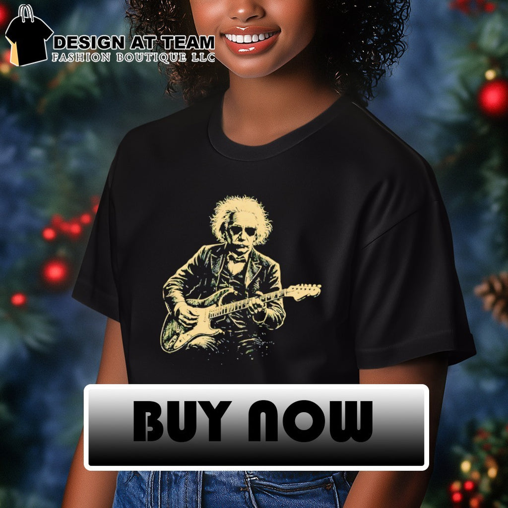 Albert Einstein playing electric guitar in a formal suit vintage shirt
