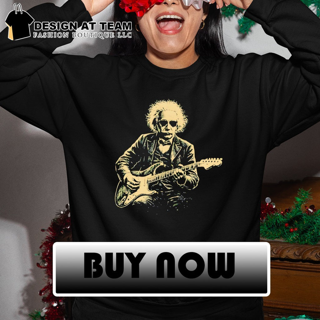 Albert Einstein playing electric guitar in a formal suit vintage shirt