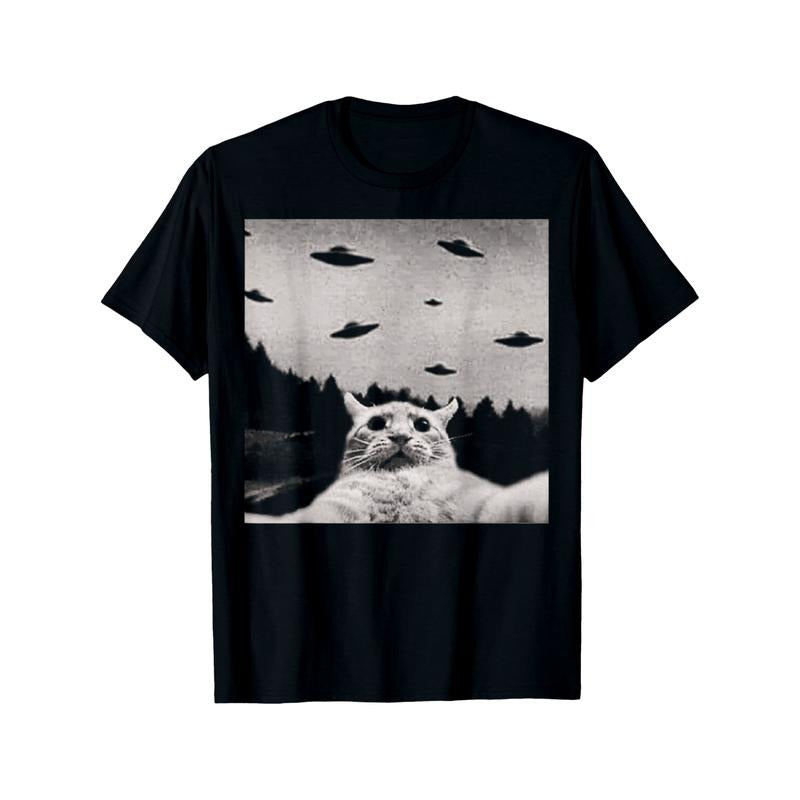 Alien Cat UFO T-Shirt Round Neck Halloween Tee for Men made in usa Hoodie Sweatshirt | PrintMintTees.com