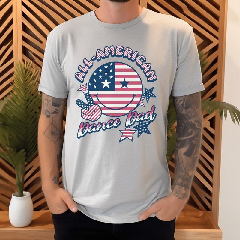 All-American Dance Dad Smiley Face Shirt, Retro Competitive Dance Dad Tee, American Flag Competition Dance Dad Hoodie...