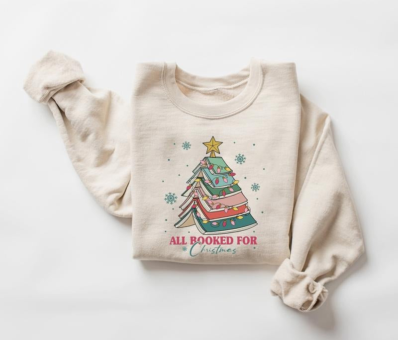 All Booked For Christmas Sweatshirt, Gift for Librarian, Bookworm Christmas Sweater, Christmas Book Tree Sweatshirt, Book...