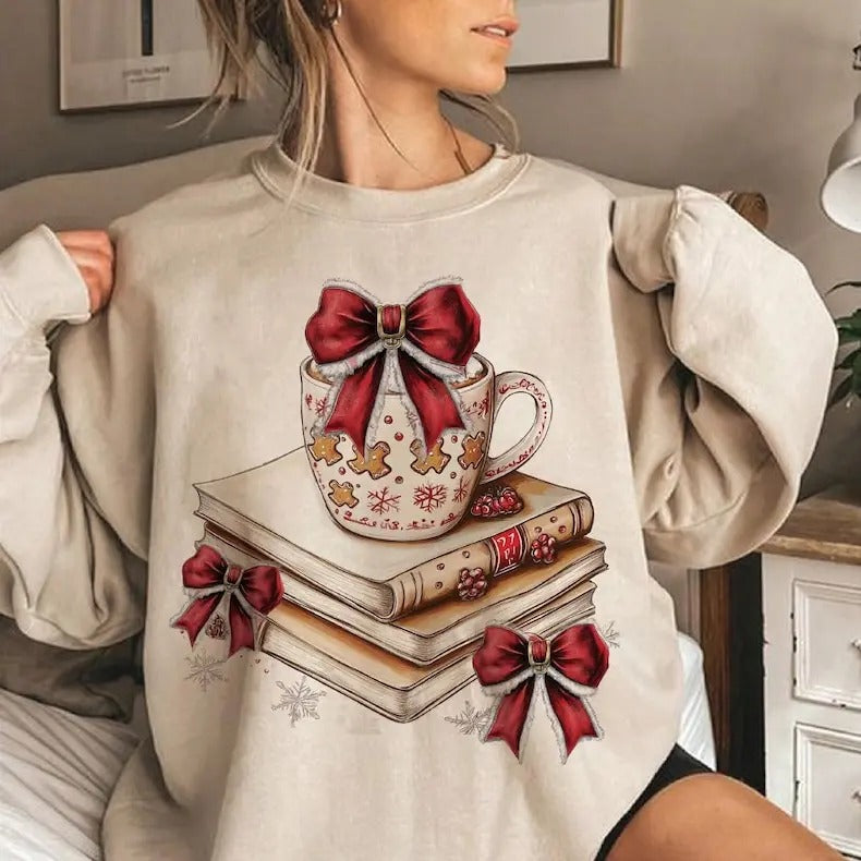All Booked for Christmas Sweatshirt, Coquette Christmas Books , Book LoversChristmas Teacher Librarian Gift Sweatshirt...