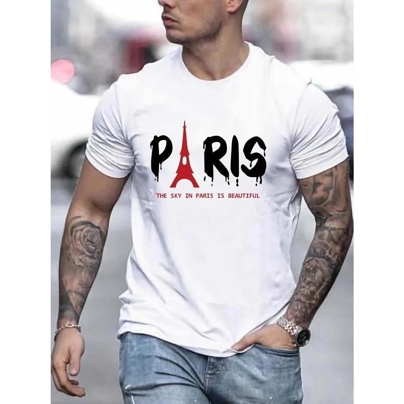 All-Season Parisian Chic Men's T-Shirt | Casual Eiffel Tower Crew Neck | Comfortable & Perfect Gift Made in USA Hoodie...
