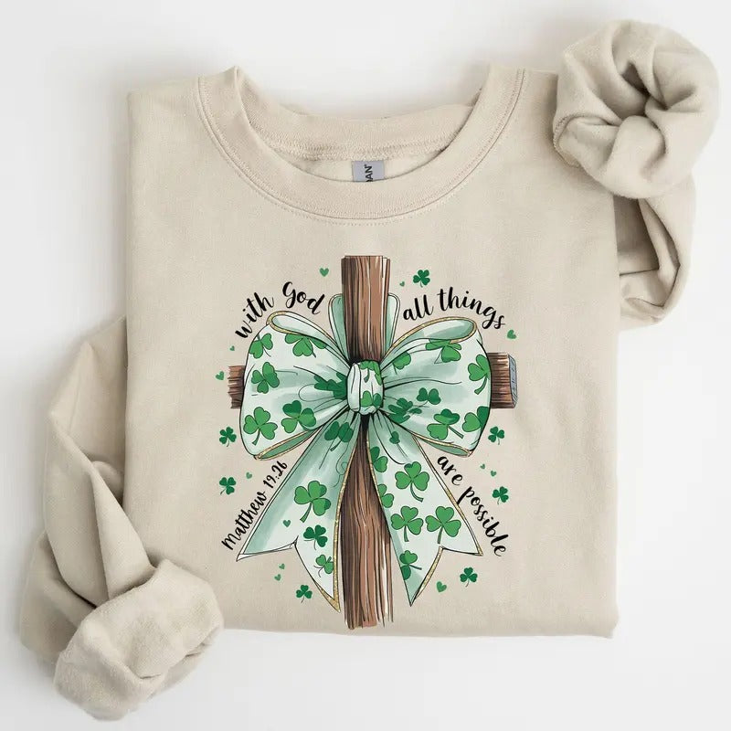 All Things Are Possible Matthew 19:26 Christian Coquette Bow Lucky Shamrock Lucky Charm Irish Retro St Patrick'S Day Crew Neck T-Shirts, Hoodie, Sweatshirt
