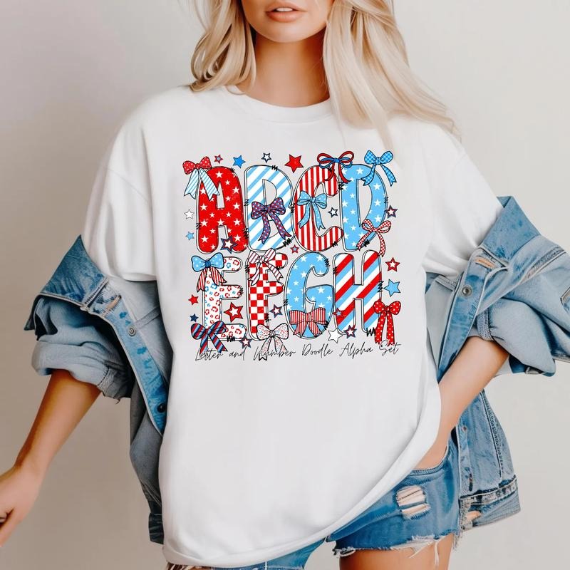 Alphabet American Flag Shirt, American Flag Doodle Letters Shirt, Girly Teacher T-Shirt, Coquette Teacher Tee, First...