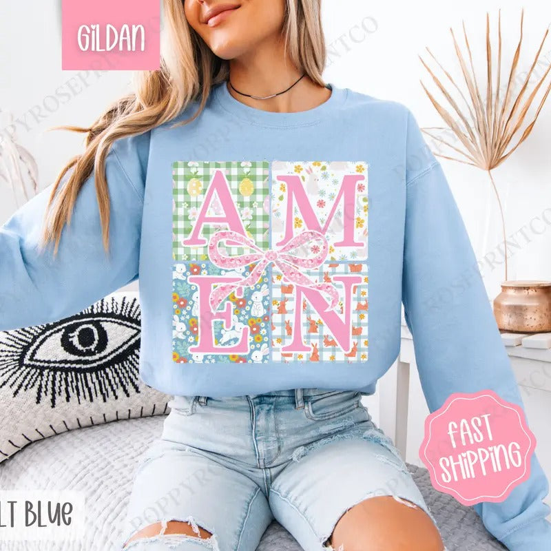 Amen 2  Sweatshirt, Easter Crewneck, Trendy Religious Women's Sweater, Gift for Her Shirt Hoodie | PrintMintTees.com