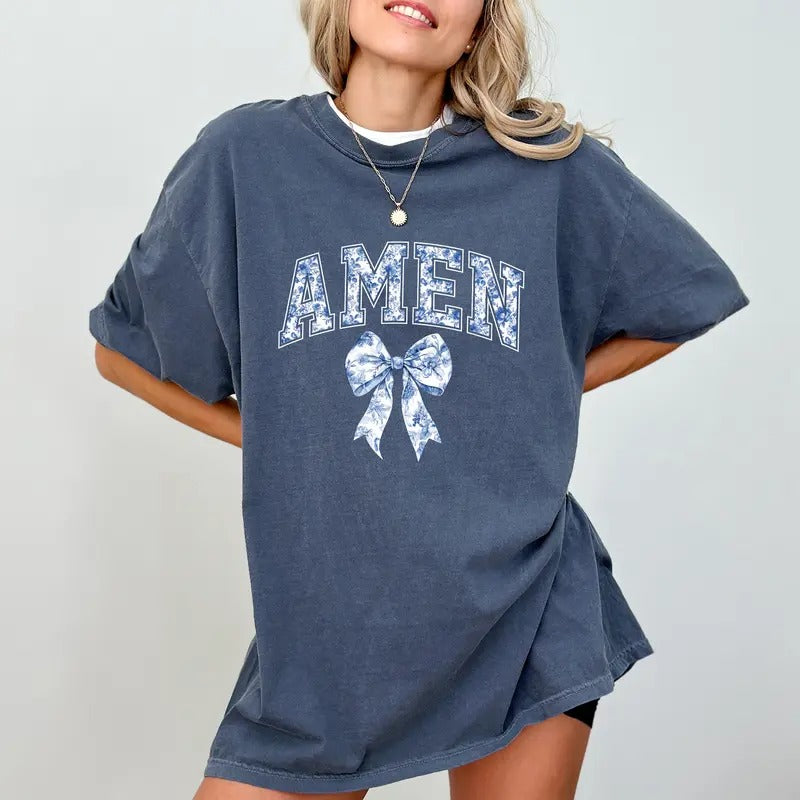 Amen Coquette Bow Comfort Colors Shirt, Coquette Christian T-shirt, Bible Verse Tee, Easter Christian Women Clothing...