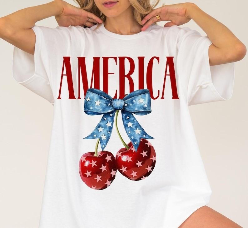 America Cherries Shirt, Cherry Bow Tshirt, Trendy July 4th Tee, 4th of july Woman Shirt, Usa Flag T-Shirt Hoodie Sweatshirt