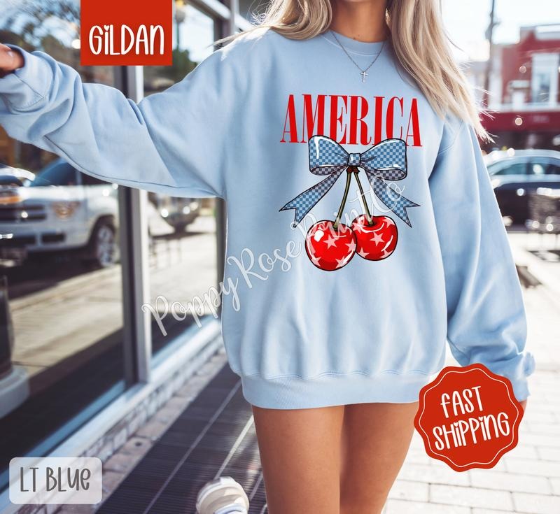 America Cherry Gildan Sweatshirt, Fruit Summer Sweater, Cute Women's Crewneck, Gift For Her Shirt Hoodie | PrintMintTees.com