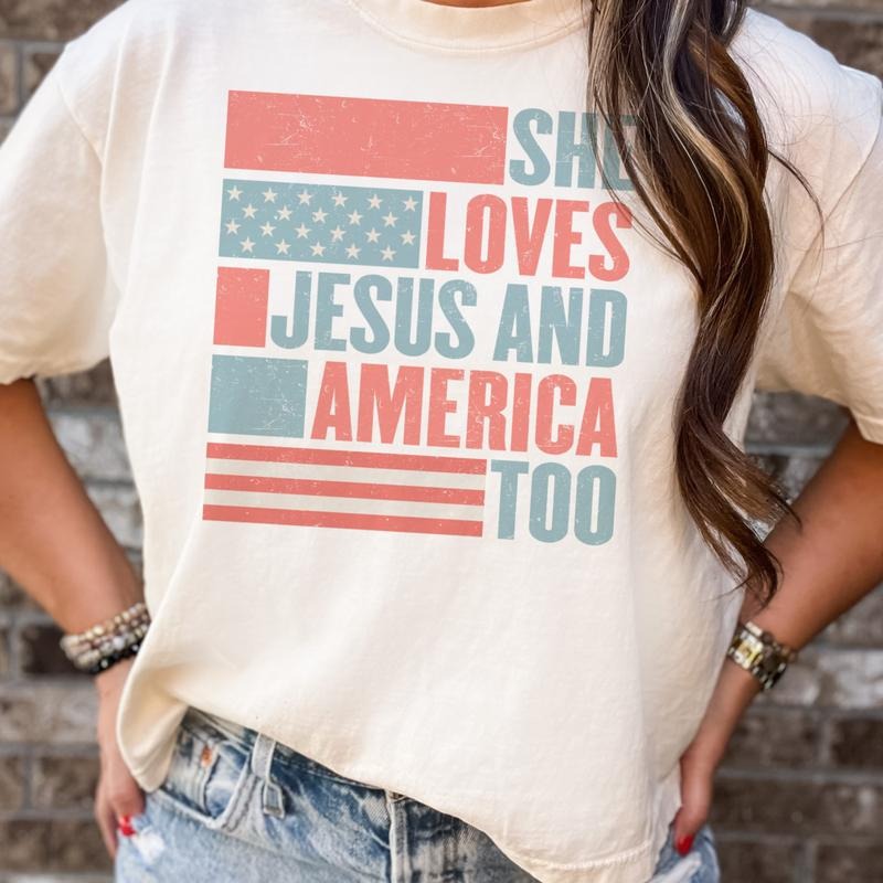 America Freedom Tees She Loves Jesus and America Too T-Shirts Independence America Tshirts Retro She Love Jesus Lyric...
