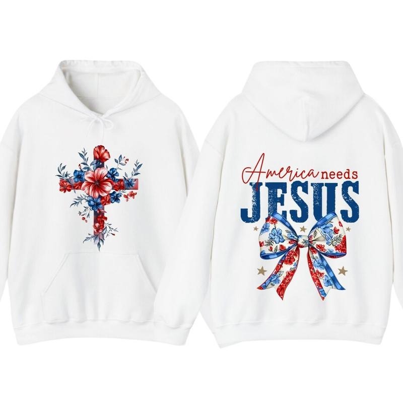 America Needs Jesus Flower 2 Sided TShirt Hoodie, Christian America Coquette Bow Graphic Tee, Usa Flag Flowal Cross...