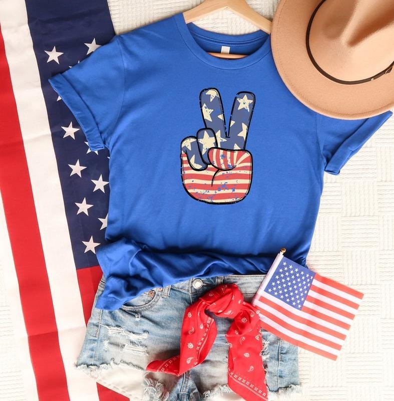 America Peace Shirt - Solid Color Graphic T-Shirt with "Peace" Design, Crew Neck, Casual Style,  Cotton, 4th Of July...