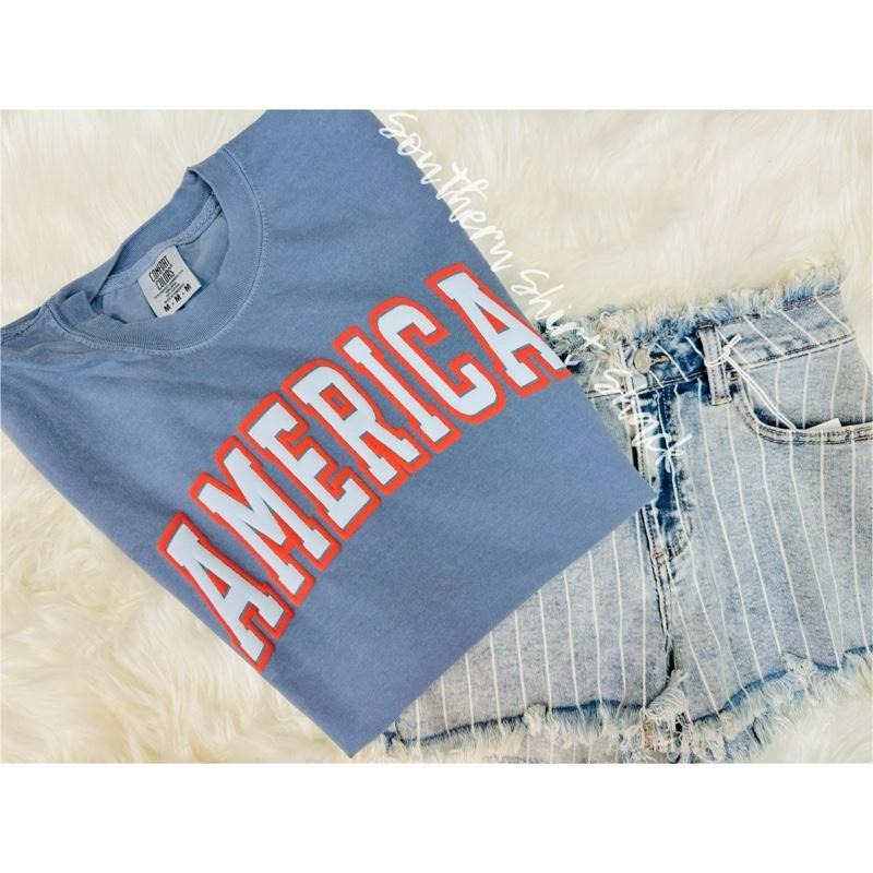 America Puff Print Graphic Tee | Patriotic T shirt | Puff Print | Comfort Colors Graphic Tee | Tops | Unisex Style Hoodie...