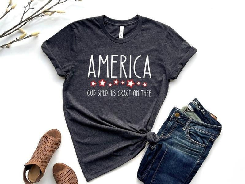 America T-Shirt, God Shed His Grace On Thee Tee, Independence Day Tee, 4th of July Shirt, Patriotic Christian Gift,...