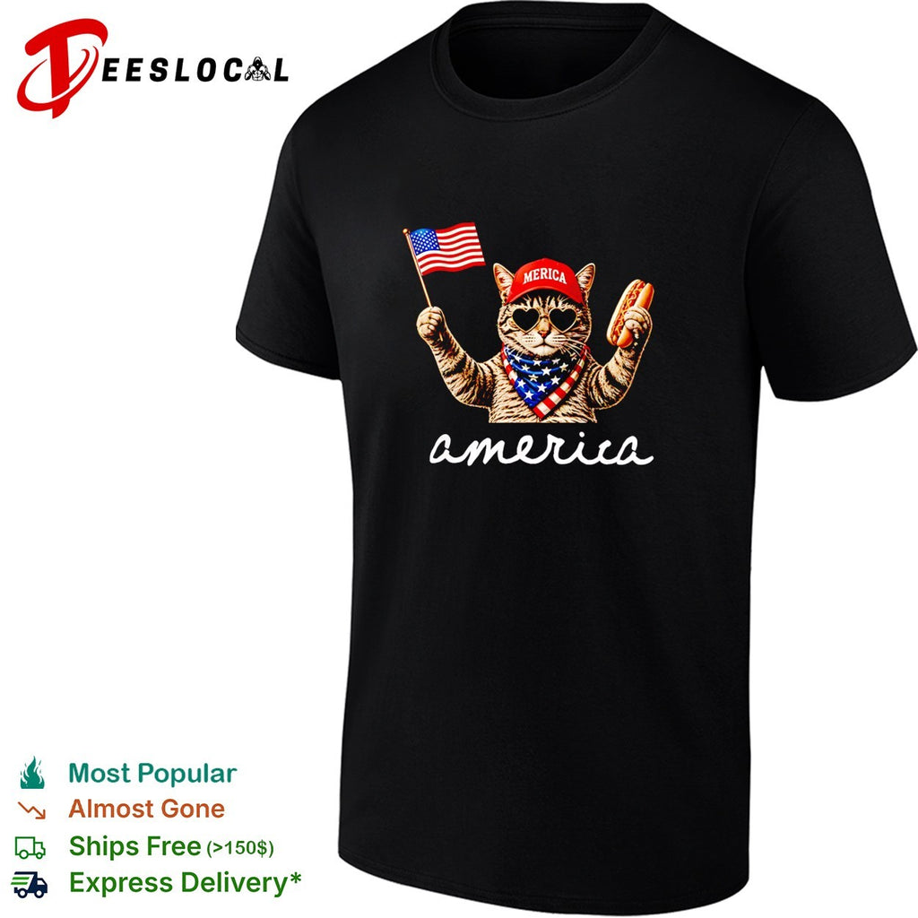 America patriotic cat holding hot dog and flag shirt