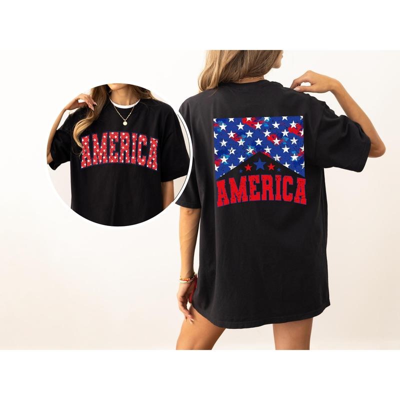 America, Red White Blue, Stars, Stripes, Patriotic, Independence Day, Front and Back, USA, Flag, Tshirt, Women's Comfort...