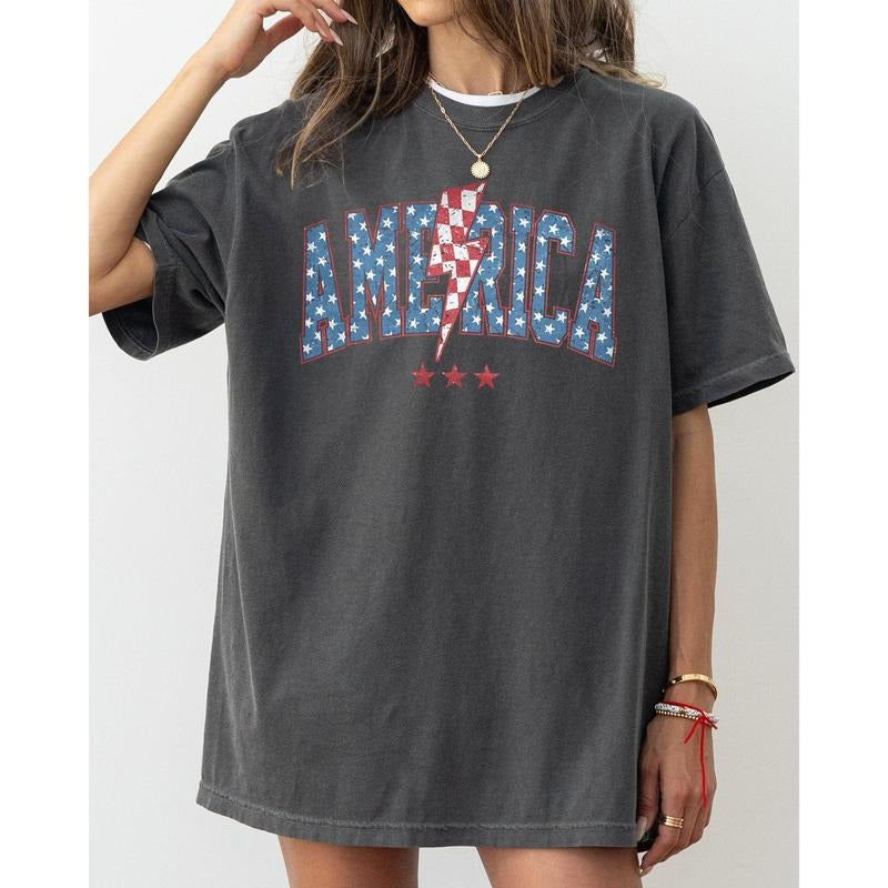 America, Retro, Lightening Bolt, USA, Patriotic, Independence Day, Fourth Of July, 4th Of July Tshirt, Women's Comfort...