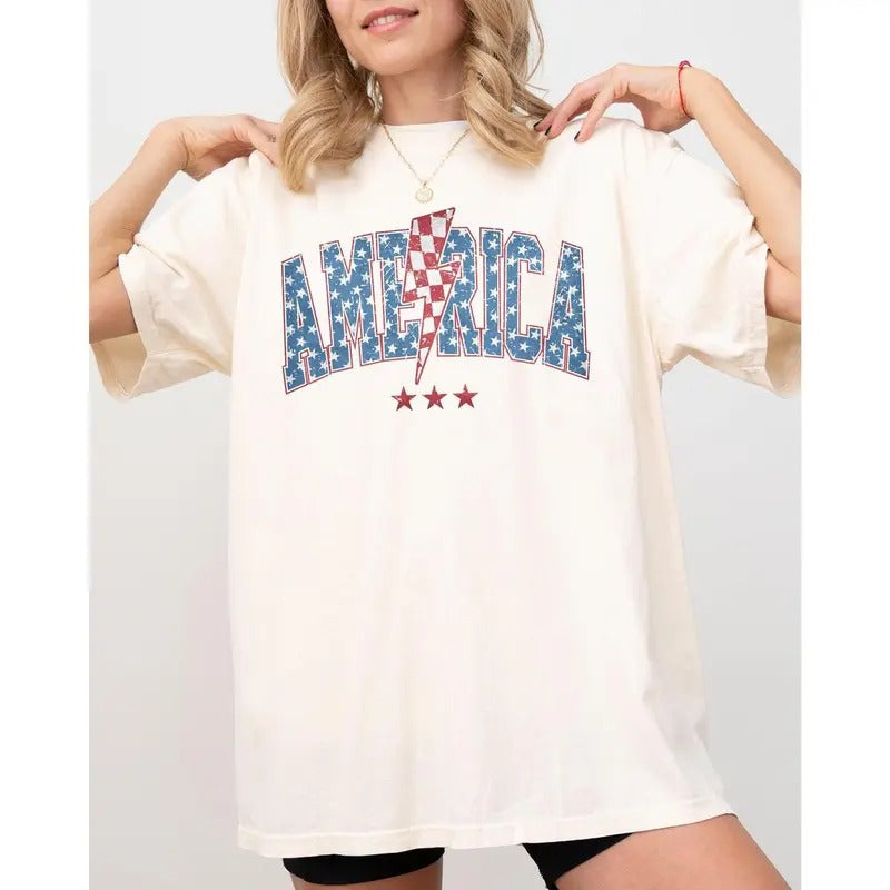 America, Retro, Lightening Bolt, USA, Patriotic, Independence Day, Fourth Of July, 4th Of July Tshirt, Women's, Comfort...