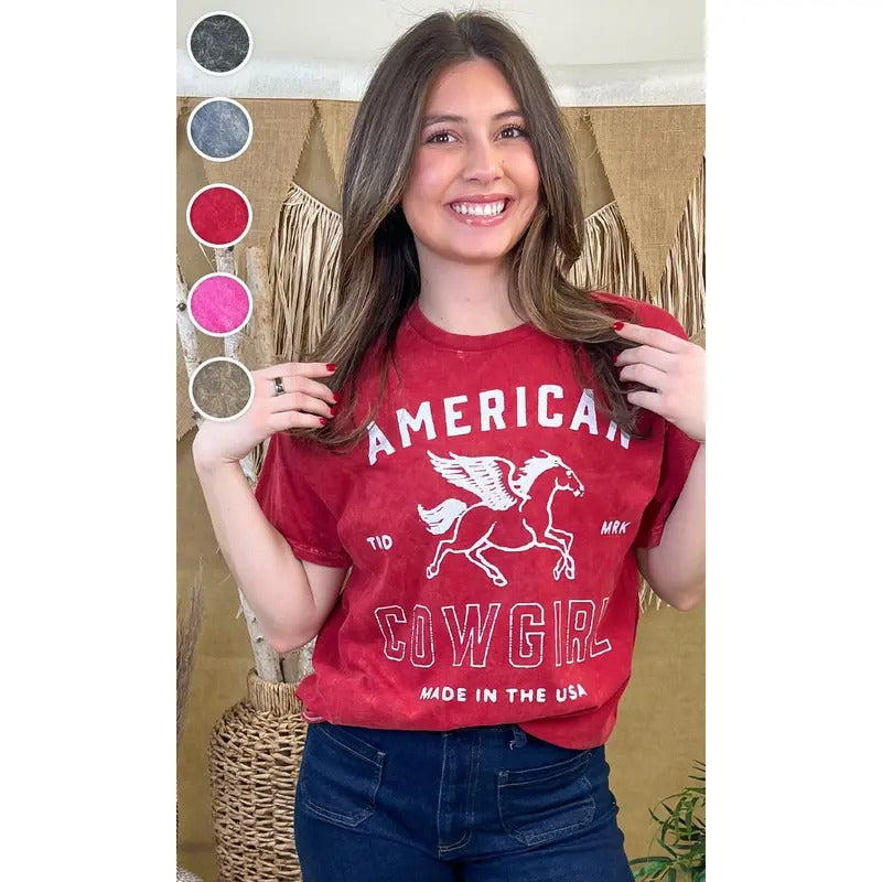 American Cowgirl Mineral Washed Graphic T-Shirt Hoodie Sweatshirt | PrintMintTees.com