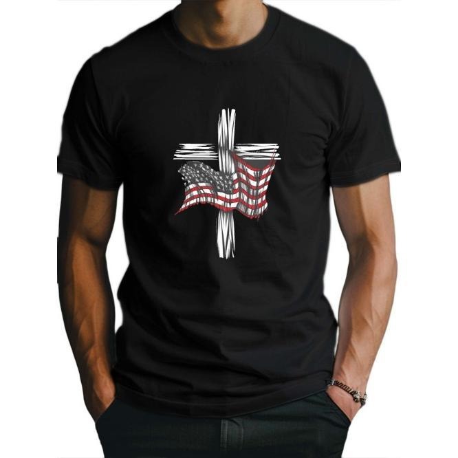 American Flag And Cross Print Tee Shirt, Tees For Men, Casual Short Sleeve T-shirt For Summer Made in USA Hoodie Sweatshirt