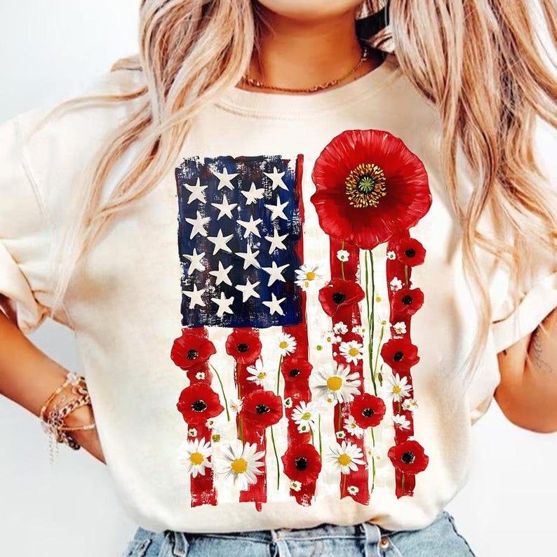 American Flag Floral tshirt, 4th of July t-shirt, Memorial t-shirt, floral America USA t-shirt, Patriotic sweatshirt,...