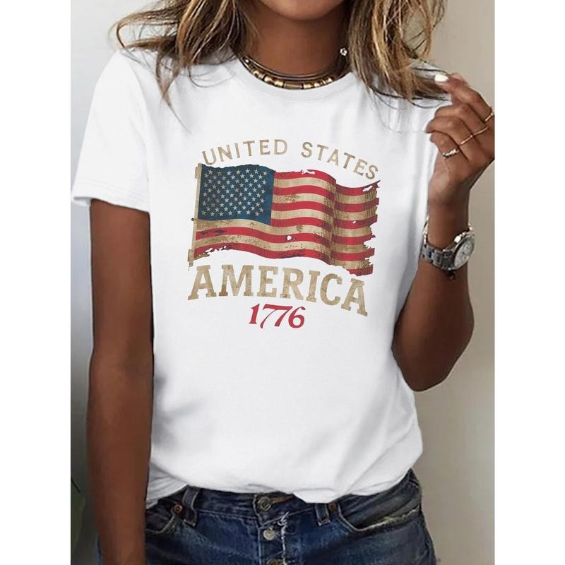 American Flag Print Crew Neck T-shirt, Casual Short Sleeve Top For Spring & Summer, Women's Clothing style 03 Hoodie...