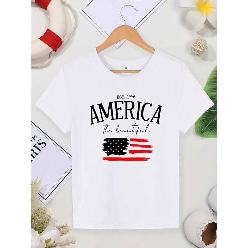 American Flag Print Crew Neck T-shirt, Casual Short Sleeve Top For Spring & Summer, Women's Clothing style 04 Hoodie...