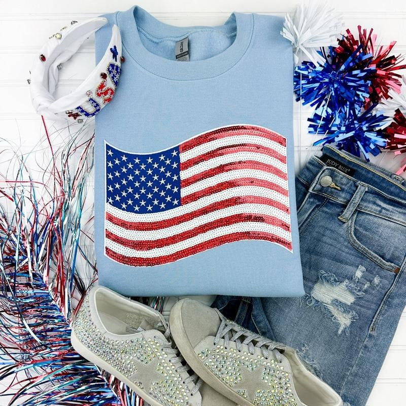 American Flag Sequin Patch LIGHT BLUE Shirt Hoodie Sweatshirt