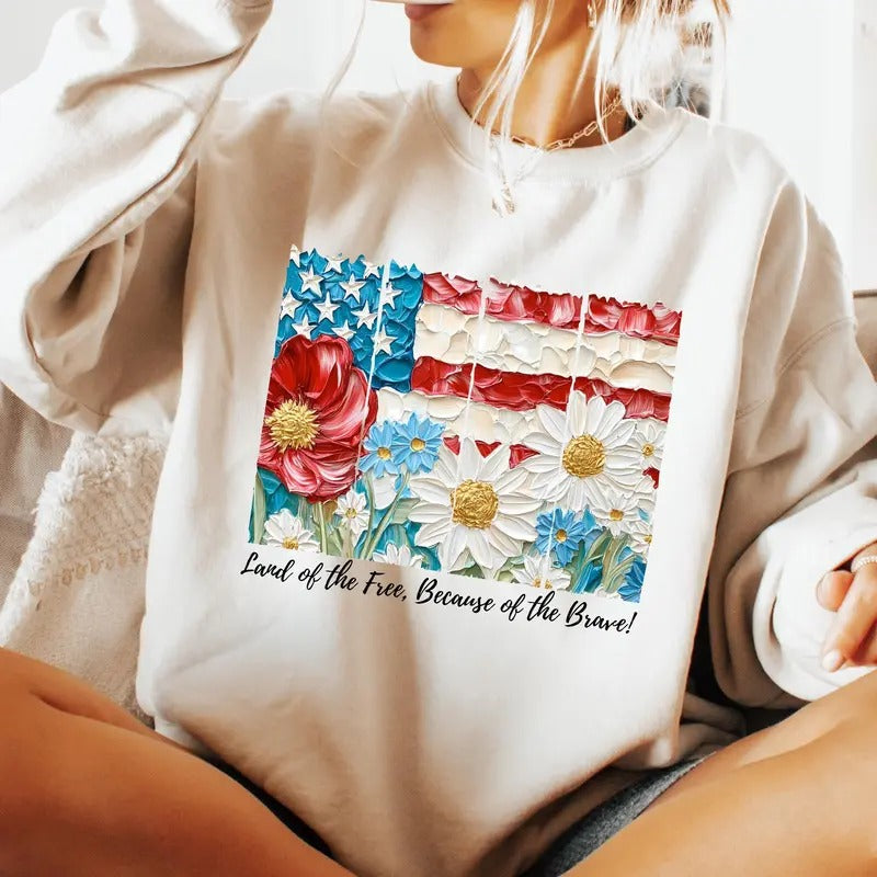 American Flag Sweatshirt, 4th of July Memorial Shirt, Floral America USA, Patriotic, Girly USA Shirt Hoodie