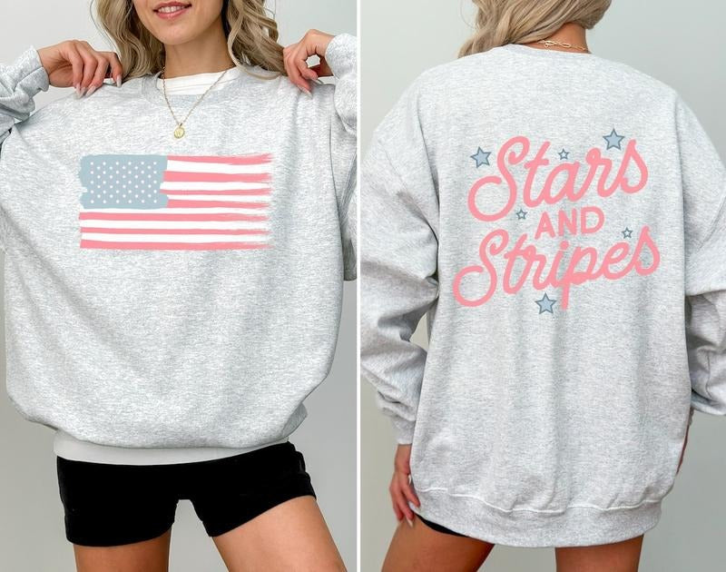 American Flag Sweatshirt, 4th of July Shirt, Patriotic Crewneck Cotton Womenswear Hoodie | PrintMintTees.com
