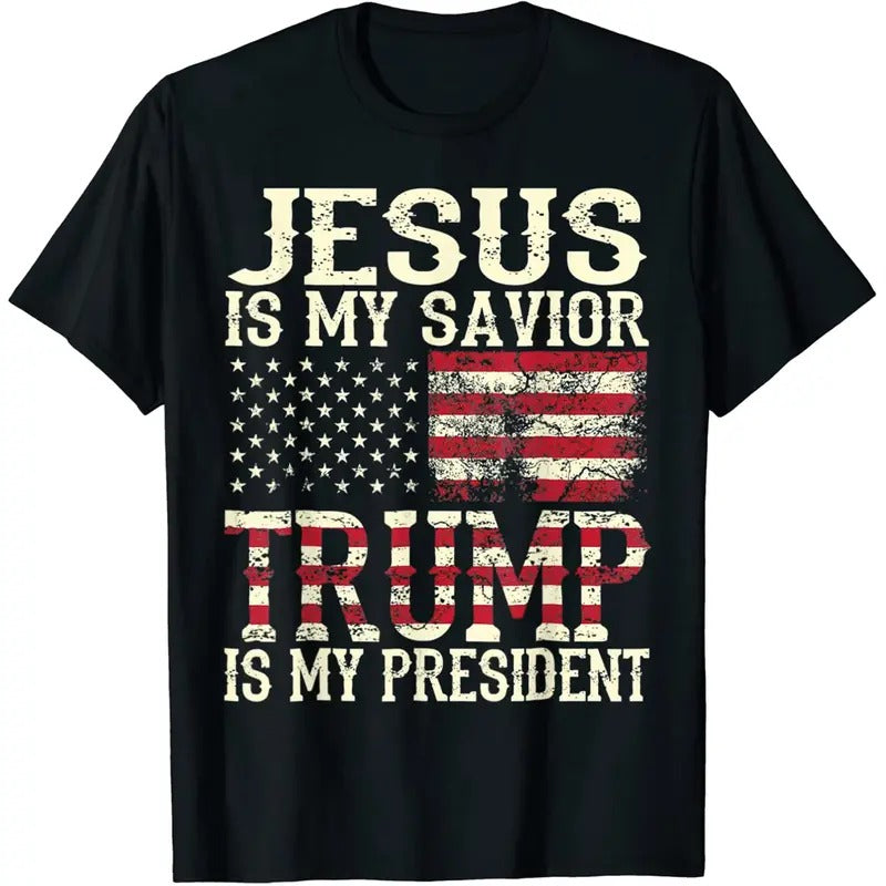 American Flag Jesus Is My Savior Trump Is My President Casual Graphics Tops Summer Black Tops Underwear Menswear T-Shirts, Hoodie, Sweatshirt