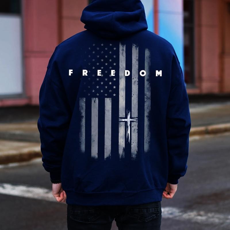 American Flag and Cross Faith Family Freedom Graphic Hoodie Fleece Fabric Casual Hooded Sweatshirt Trendy Tops Perfect...