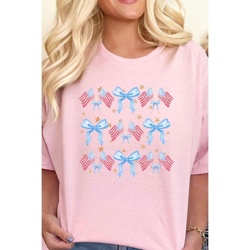 American Flags And Coquette Bows Short Sleeve Relaxed Fit T-Shirt Hoodie Sweatshirt | PrintMintTees.com