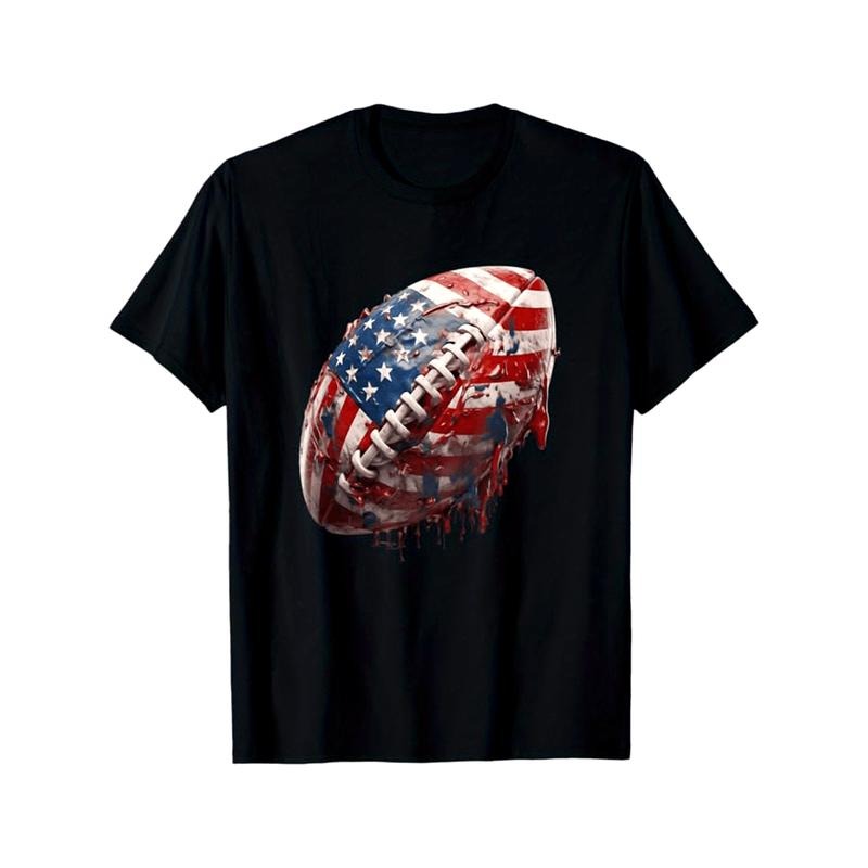 American Football Print Men's Cotton T-shirt, Graphic Tee Men's Outdoor Clothes, Men's Clothing, Casual Short Sleeve Crew...