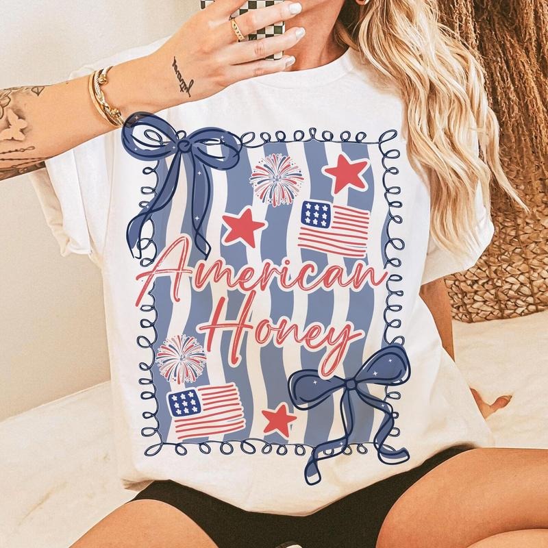 American Honey Coquette Land of the Free Shirt, Preppy 4th of July Girly Memorial Day Tee, Vintage USA Independence Day...