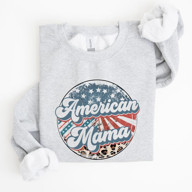 American Mama Leopard Print Patriotic 4th of July Sweatshirt, Women's Crew Neck, Crewneck Shirt Hoodie | PrintMintTees.com