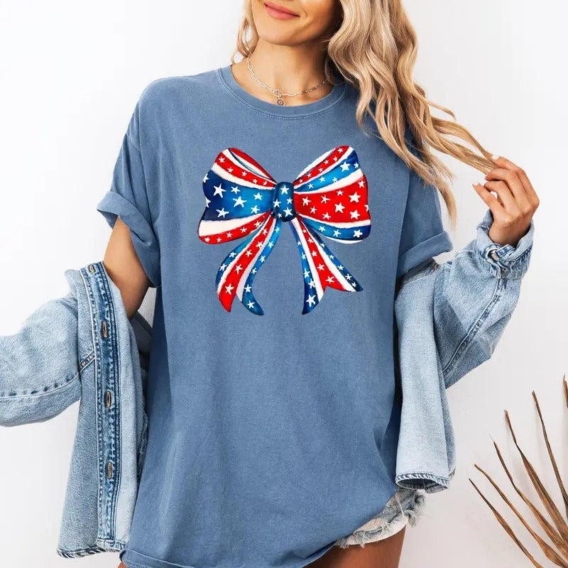 American, Bow, Red, White, Blue, Patriotic, 4th of July Tshirt, Women's Comfort Colors Tee Hoodie, Sweatshirt