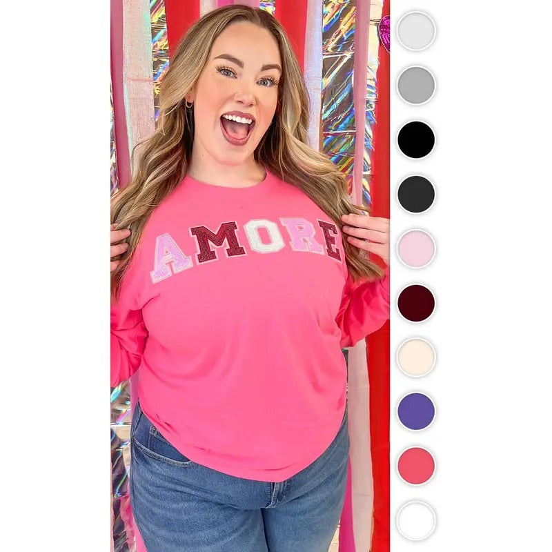Amore Sequin Valentine Graphic Long Sleeve T-Shirt Hoodie Sweatshirt | PrintMintTees.com