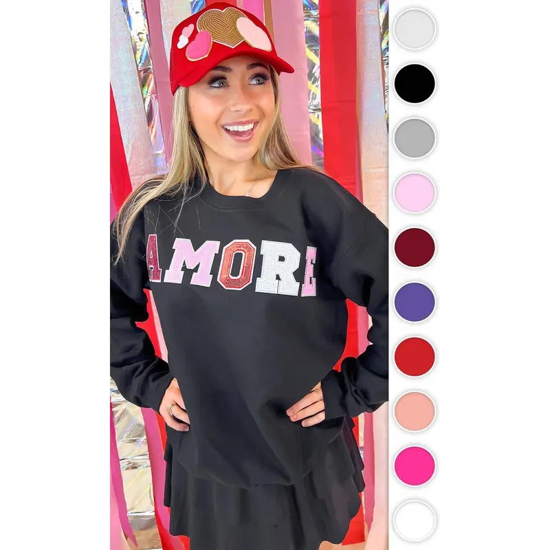 Amore Sequin Valentine Graphic Sweatshirt Shirt Hoodie | PrintMintTees.com