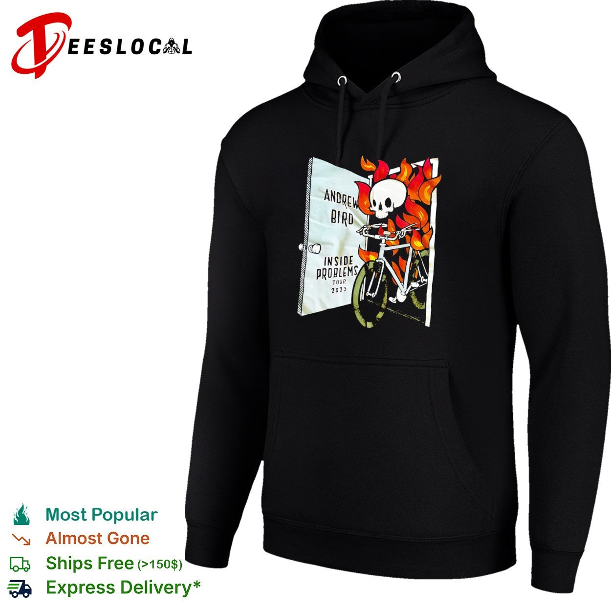 Andrew Bird Inside Problems Tour 2023 skeleton riding bicycle in flames shirt